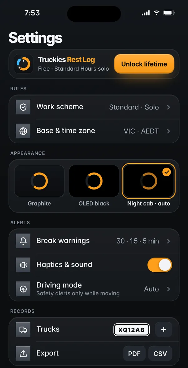 Settings: work scheme, base and time zone, appearance, break warnings and PDF or CSV export.